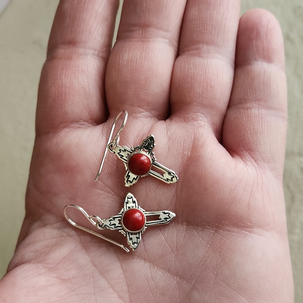 Beautiful NWOT Native American Navajo Sterling & Coral Earrings - Picture 10 of 11